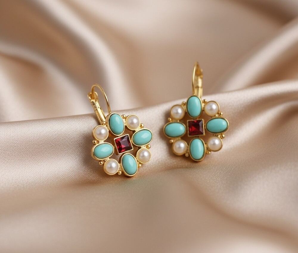 Museum Cross Earrings Gold Pearl Flower Turquoise Court Royal Boho Statement VTG